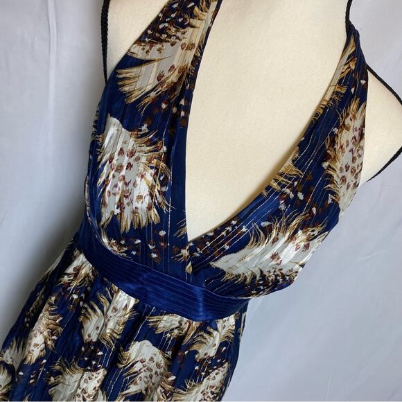 Laundry By Shelli Segal Womens Halter Dress Size 4 Blue & Metallic Gold Feathers - Picture 2 of 6